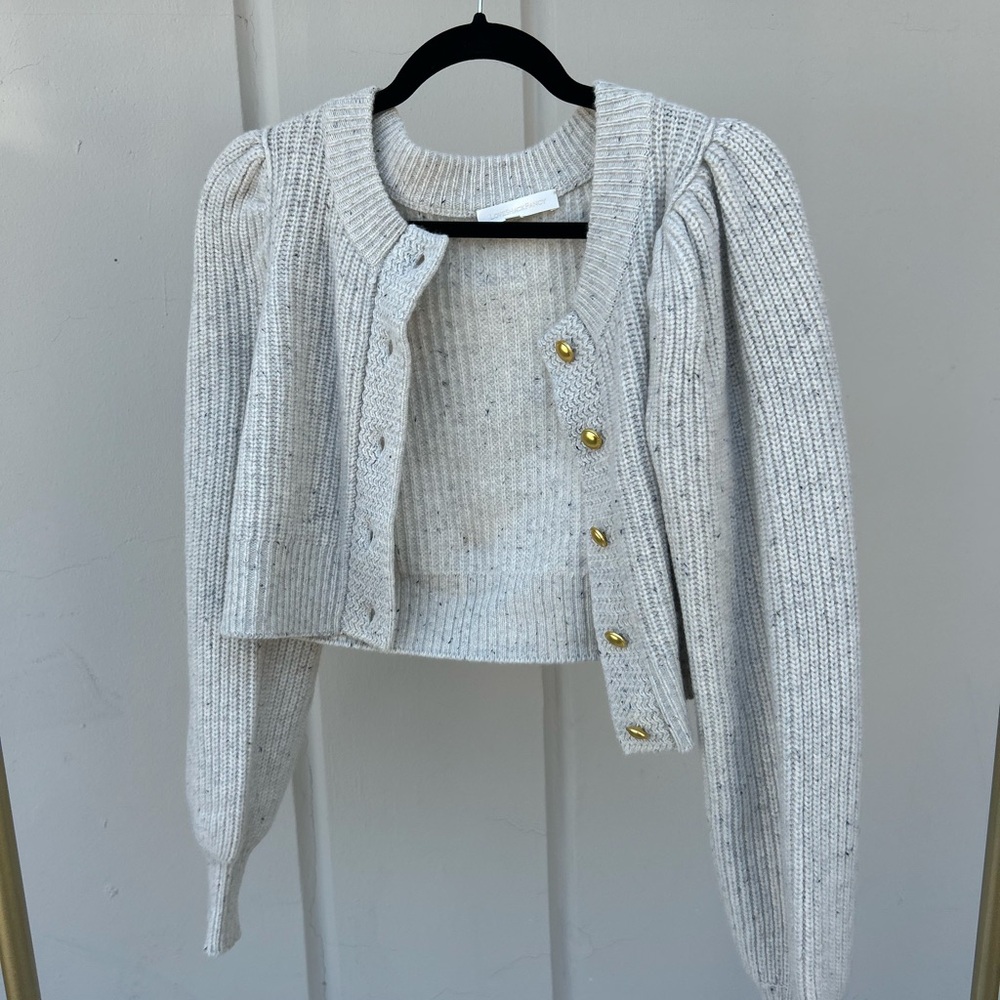 Loveshackfancy wool cardigan cropped sweater with gold buttons size xs grey